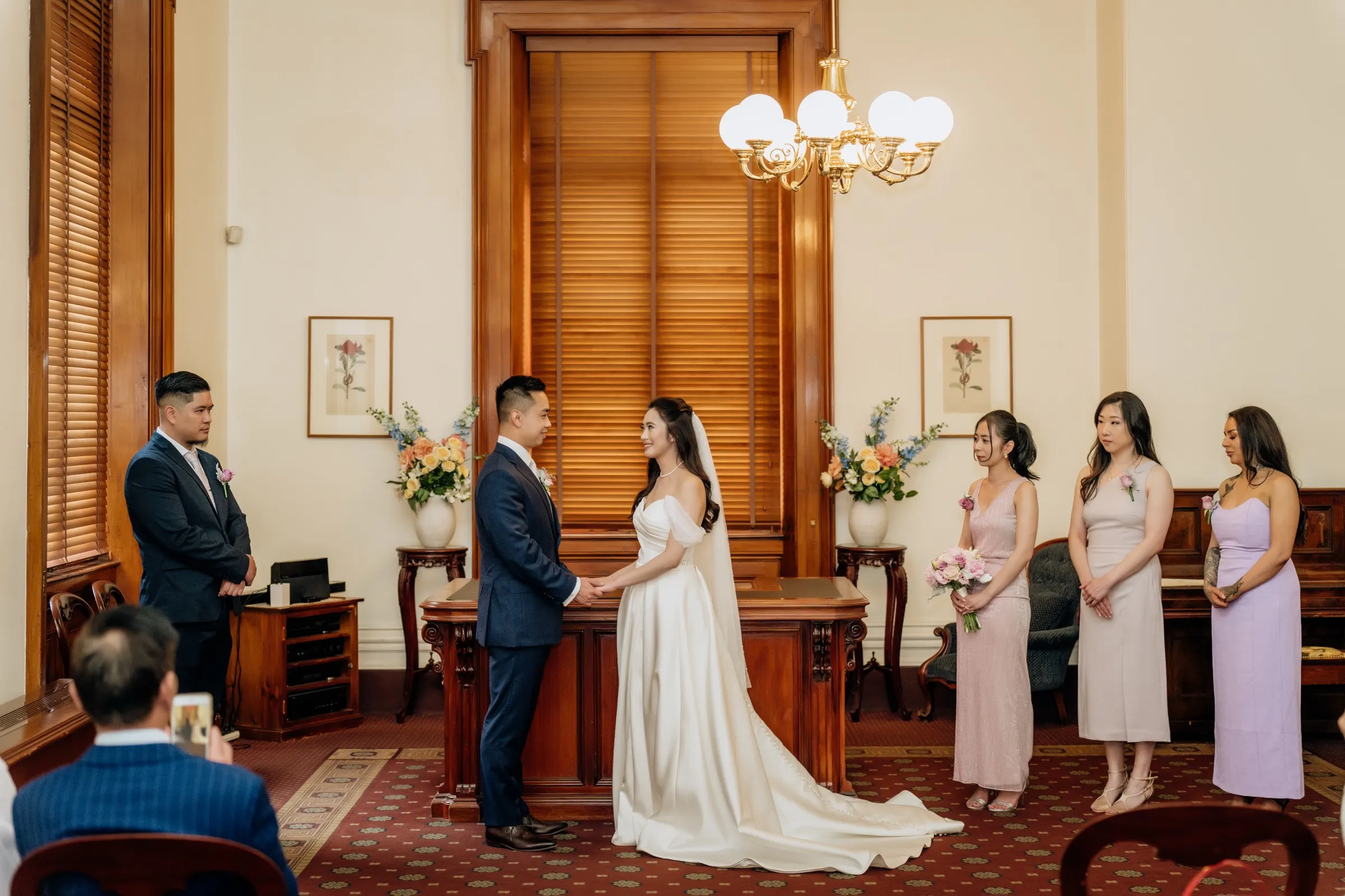 Bride and groom in Melbourne CBD wedding portraits