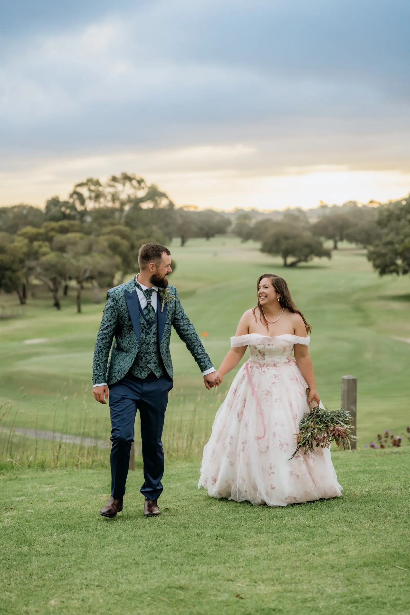 Bride and groom portrait across the Werribee estate